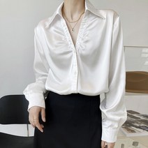 Luxi Aunt 유러피안 아메리칸 스타일 루즈핏 V넥 새틴 여성 긴팔 블라우스