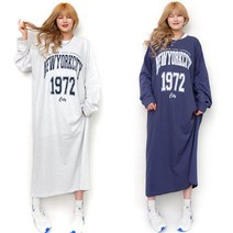 오브치치 여성 간절기 빅사이즈 오버핏 뉴욕시티 영문 레터링 긴팔 원피스 캐주얼 홈웨어 이지룩 99사이즈 가능 키 큰 여자 롱원피스
