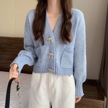 코발트블루 파란 부드러운 스웨터 니트 라인석 보우 버튼 가디건 단색 v넥 프레피 스타일 크롭 심플하고 넉넉한 슬림
