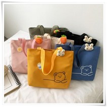 베어 프린팅 브로치 데코 캔버스 토트백 에코백 가방 백 장바구니 쇼핑백 쇼퍼백 휴가 여성 여성용