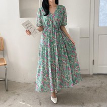 여자 랩스타일 리본끈 퍼프반팔 쉬폰 플라워 원피스