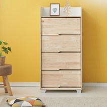 [바스포르] 편백나무원목 4단 600 전도방지 서랍장, 내츄럴화이트