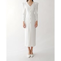 여성 진주버튼 퍼프 긴팔 롱 정장원피스 하객 돌잔치 예복원피스 셀프웨딩드레스