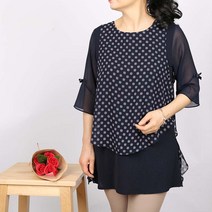 노브패리스 중년여성의류 BRO땡땡 옆날개 앞뒤쉬폰 리본 여름 빅사이즈 체형 군살커버 하늘하늘 롱 티셔츠 칠부블라우스