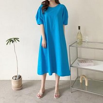 여자 여름 무지 린넨 벌룬 퍼프 반팔 플레어 롱원피스