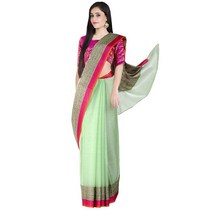 Chandrakala 여성용 인디언 에스닉 바나라시 사리 스티치 없는 블라우스 피스 1395 핑크-5. One Size, Green-5