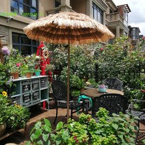 열대 짚파라솔 볏짚 동남아파라솔 지푸라기 야자수 오두막 리조트 밀짚 초가 감성파라솔 발리, 1.4M 나무 대  + 나무 삼각형 +물주머니