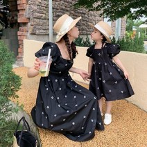 해외러블리 여아 반팔 원피스 퍼프 a라인 플라워 자수 롱원피스 엄마랑딸 커플