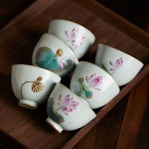 찻잔 다기 도자기 핸드페인팅 연꽃 경덕진 여요 개편, 연꽃6종세트