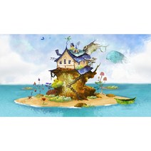 Bj 그림벽지 AT269698 일러스트 외딴 섬 집 뮤럴벽지 (120x85cm), 패브릭
