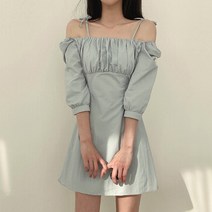 [랜덤플레이] 가슴셔링 끈 오프숄더 미니원피스