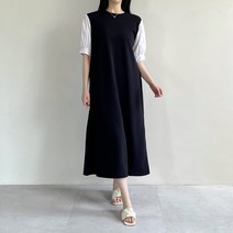 에스미 여성스러운 소매퍼프 배색 반팔 오버핏 빅사이즈 롱원피스