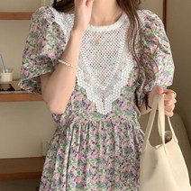 [랜덤플레이] 복고풍 레이스 어깨 퍼프 플라워 롱원피스