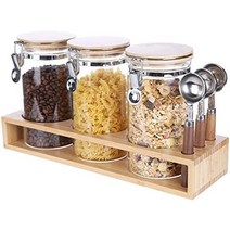 [일본정품] kkc 원두원두 보관용기 8.8 oz(250 g) 유리용기 원두 보관용기 밀폐용기 뚜껑 포함 스푼 설탕 홍차 27.1 fl oz(800 ml) 2종 세트., 1200ml x 3개 + 숟가락 x 3개