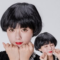 바가지 머리 가발 컷트 여자 복고 소품 댄스 파티 짧은 귀여운 상큼한, 파티가발 바가지가발(블랙)