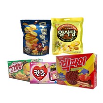 해운대유통 알뜰간식과자세트-칸쵸+고래밥+무뚝뚝감자칩+빅파이+알사탕-학교사무실어린이과자 5개구성
