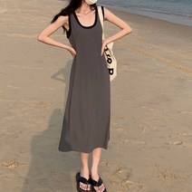 주디앤 여성 캐주얼 배색 민소매 롱 원피스