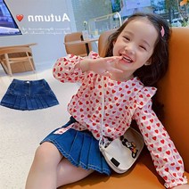 꼬맹이키즈 여아 아동복 유아 하트티 주름데님청치마 상하세트 봄가을 등원 나들이룩