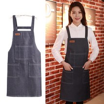 실용적인 H형 어깨끈 데님 원단 앞치마, 블랙