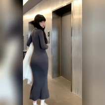 봄신상 [면기모고품격] 가을 겨울 롱 피쉬테일 스커트 스퀘어 칼라로 슬림하고 얇은 밑단원피스 여자친구 생일 선물