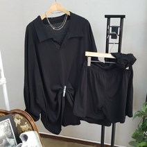 상상그이상 여성용 빅사이즈 오버핏 카라넥 긴팔 티셔츠 반바지 트레이닝 세트