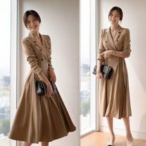 NewCare 여성 플리츠롱원피스 리본끈 롱원피스 정장 오피스 하객룩