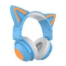 Qearfun RGB 7.1 스테레오 귀여운 고양이 무선 헤드폰 마이크 포함 여아용 어린이 음악 전화 게임용 블루투스 헤드셋 밝은 색상 제어게이밍 헤드셋, 파란색