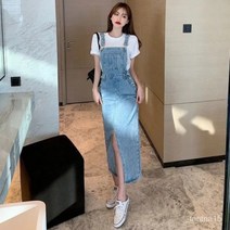 TANC BestStar 여름 여성 코튼 민소매 스트랩 앞트임 단추 멜빵 데님 청 롱 원피스 2컬러