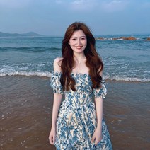 바캉스 비치룩 해변 몰디브 태국 여행 블루 플라워 슬립 끈나시 쉬폰 밴딩 휴양지 원피스