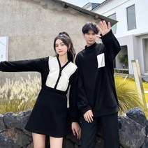 커플룩 가을 여 긴팔 원피스 남 라운드 맨투맨 항풍 나들이 반복 러쉬 커플룩