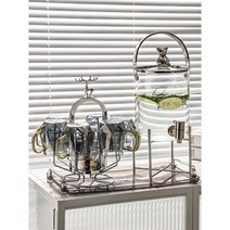 워터 디스펜서 대용량 내열유리주전자 물통 컵세트, 호박색컵6개베어버킷크로스트레이프리1개스푼6개