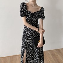 SENCELA 여름 슬림해 보임 반팔원피스 브이넥 퍼프소매 플라워 원피스 쉬폰