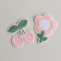 (2개)핑크꽃과 체리 봉제식 와펜 뜨개장식 자수패치 와팬 헤어핀만들기 귀여운와펜, 플라워
