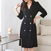 여성 7부 소매 H라인 정장 원피스 더블 진주버튼 카라 자켓 미디 원피스