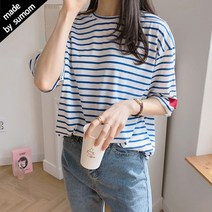 수맘 여성용 스트라이프 반팔 롱 티셔츠