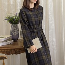내추럴가든 체크 허리끈 오픈 원피스