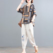 QiYuQoo 면 및 린넨 정장 여성 여름 새로운 느슨한 크기 캐주얼 복고풍 외국 스타일의 어머니 자수 투피스 조수