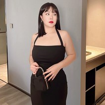 빅사이즈 여성 프렌치 우아함 홀터넥 스커트 빈티지 슬림핏 스판 미니 블랙 원피스