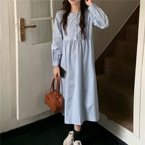 넷투넷코리아 여성 라운드넥 루즈핏 셔츠형 퍼프 롱 원피스 하객룩