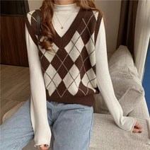 DFMEI 레트로 짧은 스웨터 조끼 니트 조끼 여성용 마름모 격자 무늬 조끼 레이어드 심플 베이직 탑
