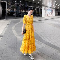 쉬폰 허리 스트링 롱원피스 원피스 여 반팔 조임 날씬해 보이는 플라워 스커트 여름 첫사랑