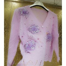 여성 스팽글 가디건 업 컬러 잘 생긴 레이디 빛나는 입체 장식 조각 꽃 타 보라색 에어