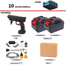 고압세척기 2000w 90bar 22000mah 무선 고압 세차기 스프레이 물총 휴대용 세차 압력 청소기 청소 기계, b 10섹션 2배터리