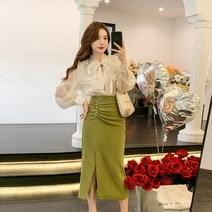 리얼 최신 봄신상 기질 경숙 투피스 리본 셔츠 셔링백 힙 롱 스커트