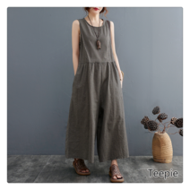 티피/Teepie 여성 면마 체크 나시 점프슈트 빅사이즈 와이드 팬츠