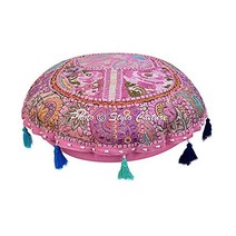 Stylo Culture 인도 바닥 베개 쿠션 커버 빈티지 패치워크 보호 시트 블러쉬 핑크 22x22 장식 라운드 장식 시트 터펫 시트 푸프 커버 풋툴 면 자수 1개