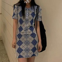모노위크 라이드 슬림 하이틴 아가일 카라 니트 미니원피스