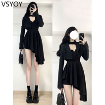 vsyoy 정장 여성의 가을 새로운 튀김 거리 짧은 정장 재킷 허리 불규칙한 끈이없는 드레스 투피스 세트