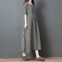 [바니드] 여성 원피스 라운드넥 체크무늬 롱원핏 여름 반팔 데일리룩 0016