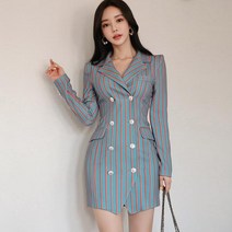 레트로 민트색 슬림핏 긴팔 가을 겨울 하객 원피스 스트라이프 줄무늬 정장 오피스룩 출퇴근용 면접용 옷.